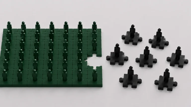 3D rendering of puzzle pieces with figures, illustrating finding the right candidate to fit a team