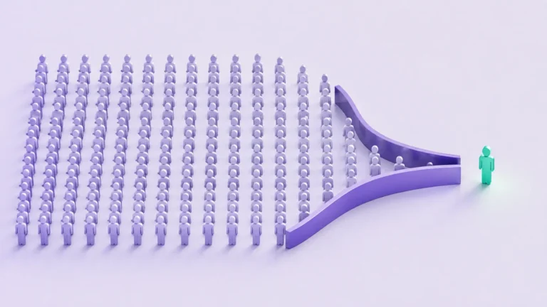 3D rendering of multiple purple figures passing through a funnel, with one green figure emerging